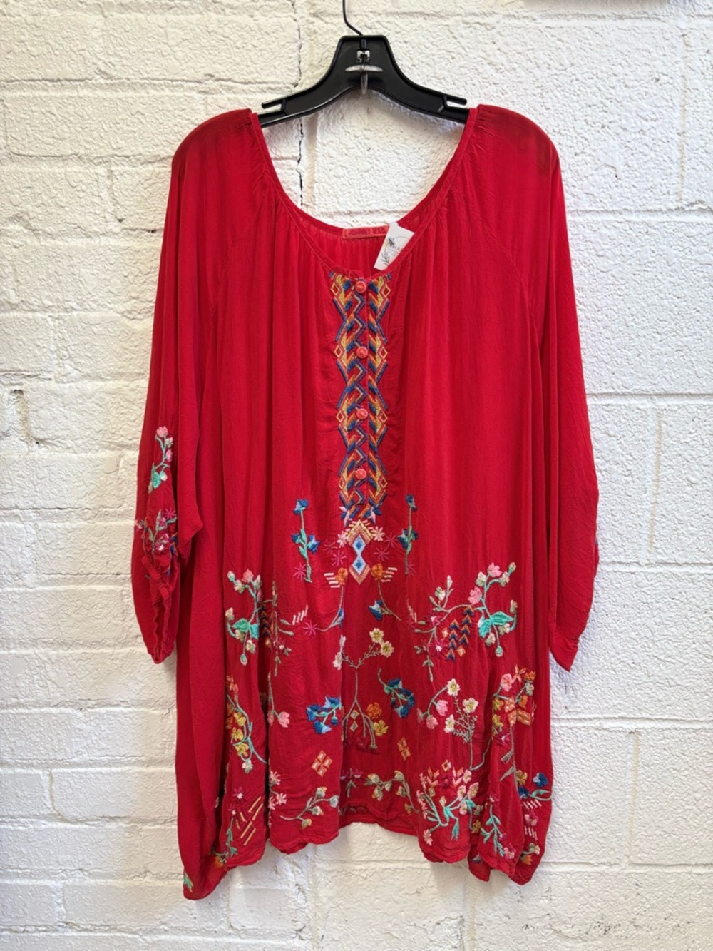 Johnny Was Sarah Red Embroidered Boho Tunic Blouse